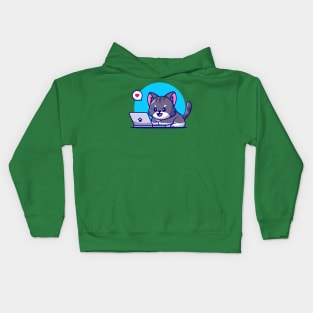 Cute Cat Working On Laptop Cartoon Kids Hoodie